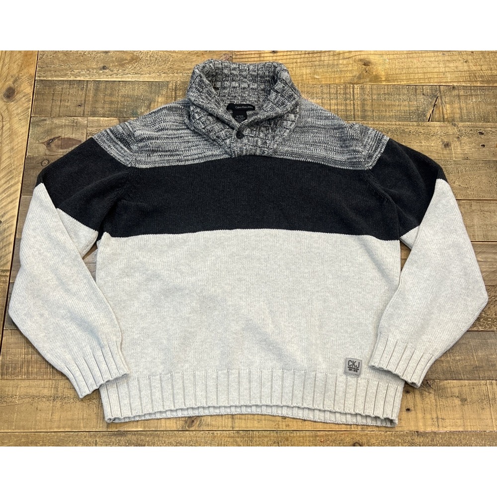 CALVIN KLEIN JEANS CK STRIPED GRAY XL HEAVY KNIT SWEATER MENS
